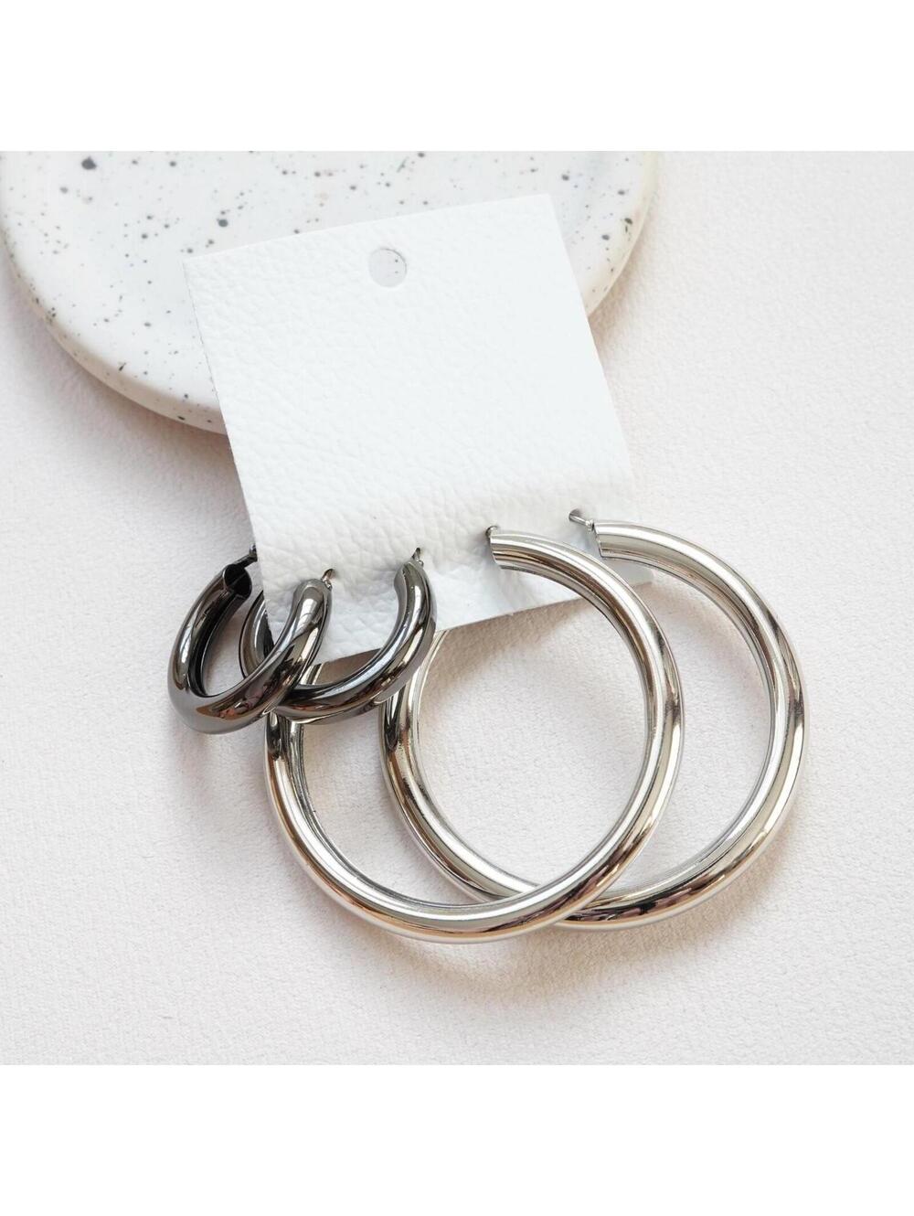 Free People Classic Tube Hoop Earring Set Silver Combo - Picture 1 of 7
